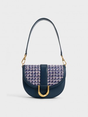 Charles & Keith Gabine Tweed Saddle Bag Lacivert | EHAR-06534