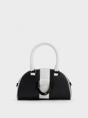 Charles & Keith Gabine Two-Tone Deri Bowling Bag Siyah | FXHM-90765