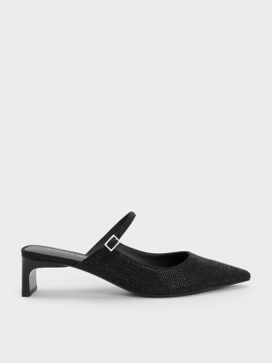 Charles & Keith Gem-Embellished Blade Heel Mules Siyah | GZLH-97328