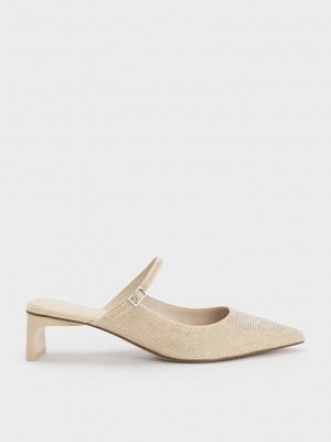 Charles & Keith Gem-Embellished Blade Heel Mules Bej Rengi | DSXI-28590