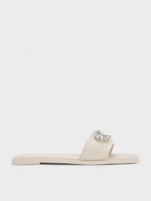Charles & Keith Gem-Embellished Deri Slides Pembe | KPVY-58130