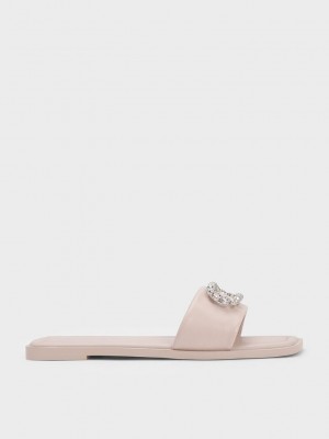 Charles & Keith Gem-Embellished Deri Slides Bej Rengi | KAPJ-93274