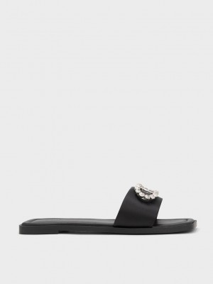 Charles & Keith Gem-Embellished Recycled Polyester Slides Siyah | YNRA-58329