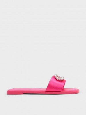 Charles & Keith Gem-Embellished Recycled Polyester Slides Pembe | VAHE-71950