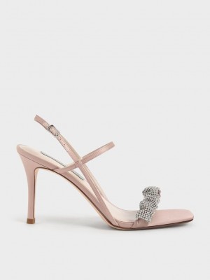 Charles & Keith Gem-Embellished Satin Stiletto Sandals Pembe | LHJT-75839