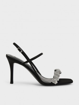 Charles & Keith Gem-Embellished Satin Stiletto Sandals Siyah | UFXC-07162