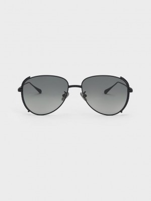 Charles & Keith Gem-Embellished Wireframe Aviator Sunglasses Siyah | LSBN-95264