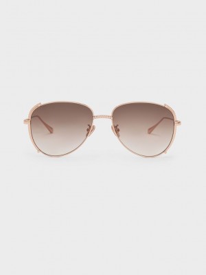 Charles & Keith Gem-Embellished Wireframe Aviator Sunglasses Pembe Altın | DUKW-35219