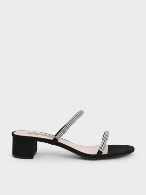 Charles & Keith Gem-Encrusted Askısı Topuklu Mules Siyah | LPSE-54609