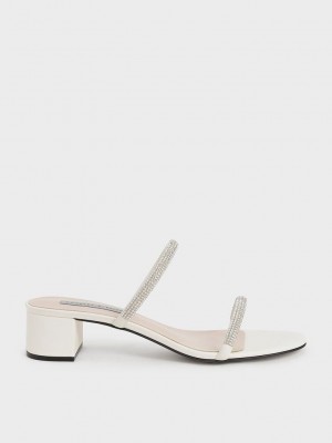 Charles & Keith Gem-Encrusted Askısı Topuklu Mules Krema | KVAB-58419