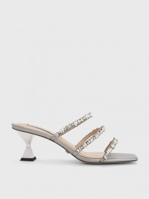 Charles & Keith Gem-Encrusted Metallic Askısı Sandals Gümüş | CXGL-20786