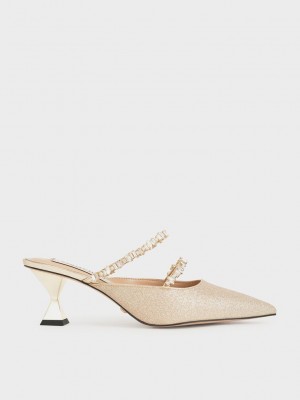 Charles & Keith Gem-Encrusted Metallic Glittered Mules Altın | HKDG-30642