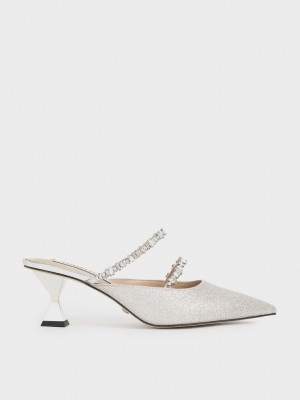 Charles & Keith Gem-Encrusted Metallic Glittered Mules Gümüş | DBZG-16305