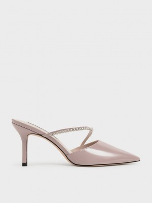 Charles & Keith Gem-Encrusted Rugan Mules Gri Kahverengi | XZOK-08425