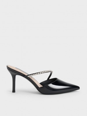 Charles & Keith Gem-Encrusted Rugan Stiletto Mules Siyah | RTDO-64582