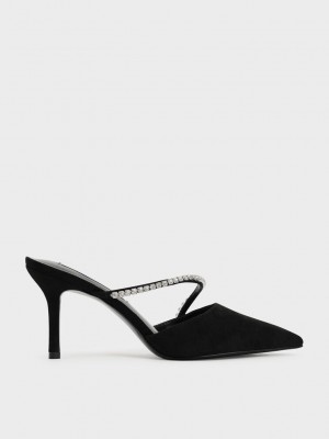 Charles & Keith Gem-Encrusted Textured Stiletto Mules Siyah | KYIG-56432