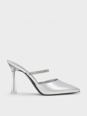 Charles & Keith Gem Askılı Metallic Mules Gümüş | TEKX-03982