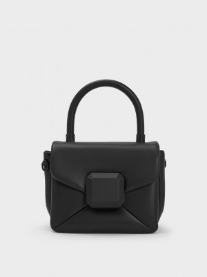 Charles & Keith Geometric Push-Lock Top Handle Bag Siyah | WKTG-05794