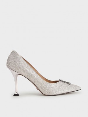 Charles & Keith Glitter Gem-Embellished Pumps Gümüş | ZKNI-56014
