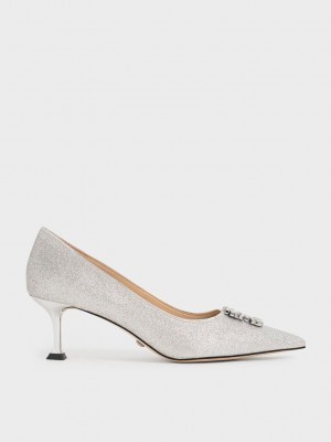 Charles & Keith Glittered Gem-Embellished Kitten Heel Pumps Gümüş | YCPB-70582