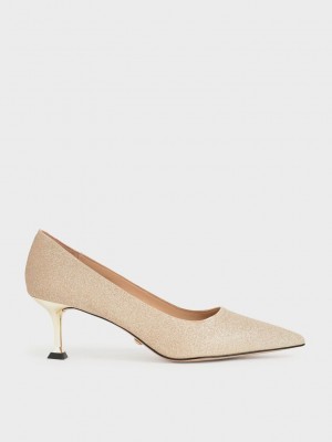 Charles & Keith Glittered Kitten Heel Pumps Altın | KTZX-90786