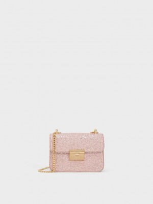 Charles & Keith Glittered Push-Lock Chain-Handle Bag Pembe | YKQS-81049