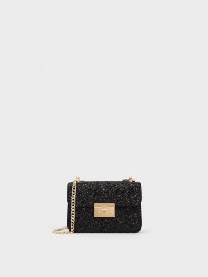 Charles & Keith Glittered Push-Lock Chain-Handle Bag Siyah | ARWG-35780