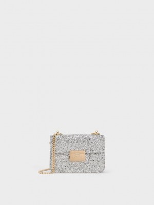 Charles & Keith Glittered Push-Lock Chain-Handle Bag Gümüş | THOU-60529