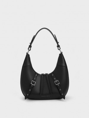 Charles & Keith Grommet Crescent Hobo Bag Siyah | BRSE-62019