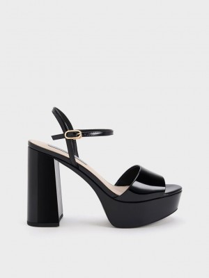 Charles & Keith Halle Peep-Burunlu Rugan Platform Sandals Siyah | OKFD-51894