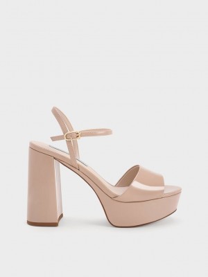 Charles & Keith Halle Peep-Burunlu Rugan Platform Sandals Bej Rengi | EDWN-91263