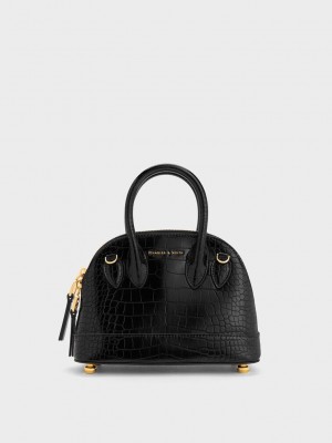 Charles & Keith Harmonee Croc-Embossed Bowling Bag Siyah | GXBR-59274