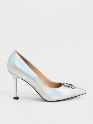 Charles & Keith Holographic Deri Gem-Embellished Pumps Renkli | HRKB-57812