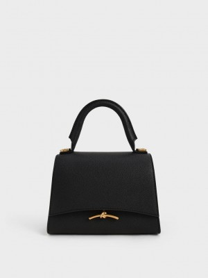 Charles & Keith Huxley Metallic Push-Lock Top Handle Bag Siyah | KWAN-20167