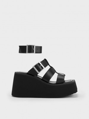Charles & Keith IIsa Flatform Gladiator Sandals Siyah | XKMW-24793