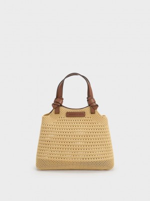 Charles & Keith Ida Knotted Handle Örme Tote Bag Bej Rengi | HAQB-57496