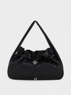 Charles & Keith Illustrated Heart Charm Ruched Hobo Bag Siyah | XIQT-19642