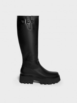 Charles & Keith Imogen Side-Tokalı Tıknaz Knee-High Boots Siyah | HUOE-34290