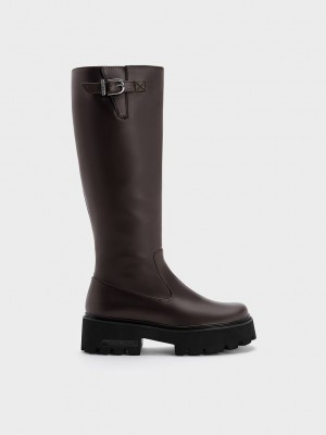 Charles & Keith Imogen Side-Tokalı Tıknaz Knee-High Boots Koyu Kahverengi | UKCW-65034