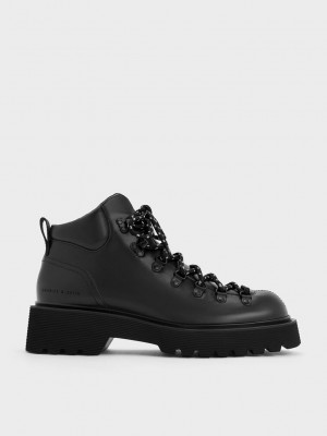 Charles & Keith Indra Dantel-Up Ankle Boots Siyah | JHMU-85923