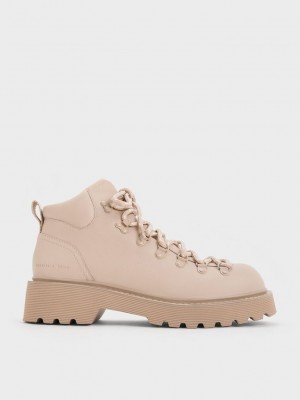 Charles & Keith Indra Dantel-Up Ankle Boots Bej Rengi | VAEJ-98265