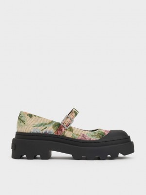 Charles & Keith Indra Floral-Embroidered Platform Mary Janes Renkli | VENO-28371