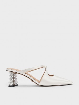 Charles & Keith Jacinda Beaded Heel Bow Mules Beyaz | NHCX-46390