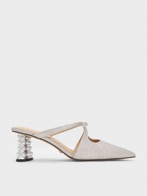 Charles & Keith Jacinda Beaded Heel Glittered Bow Mules Gümüş | YMFU-93506