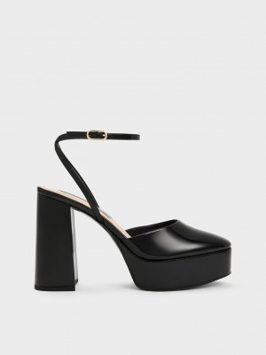Charles & Keith Jemma Rugan Platform Ankle-Askılı Pumps Siyah | AHQN-20476