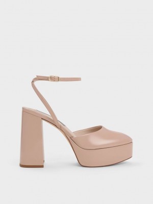 Charles & Keith Jemma Rugan Platform Ankle-Askılı Pumps Bej Rengi | SCNG-91435
