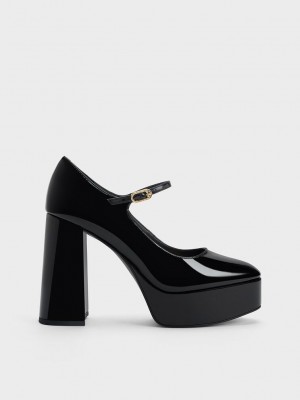 Charles & Keith Jemma Rugan Platform Mary Jane Pumps Siyah | IEGD-46957