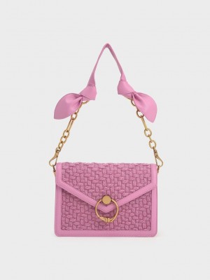 Charles & Keith Joelle Ring Push-Lock Tweed Envelope Shoulder Bag Pembe | QBMG-35698