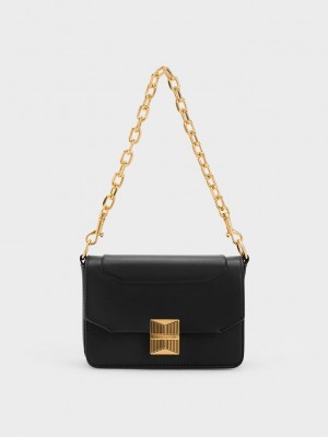 Charles & Keith Kalinda Metallic Accent Boxy Bag Siyah | HUBT-76094