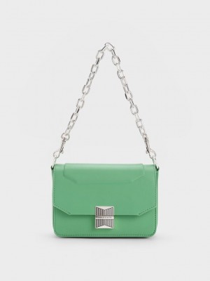 Charles & Keith Kalinda Metallic Accent Boxy Bag Yeşil | AZDG-35126